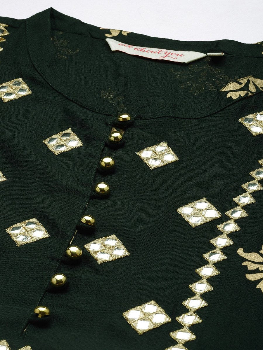 All About You Women Teal Green & Gold-Toned Ethnic Motifs Printed Mirror Work Kurta