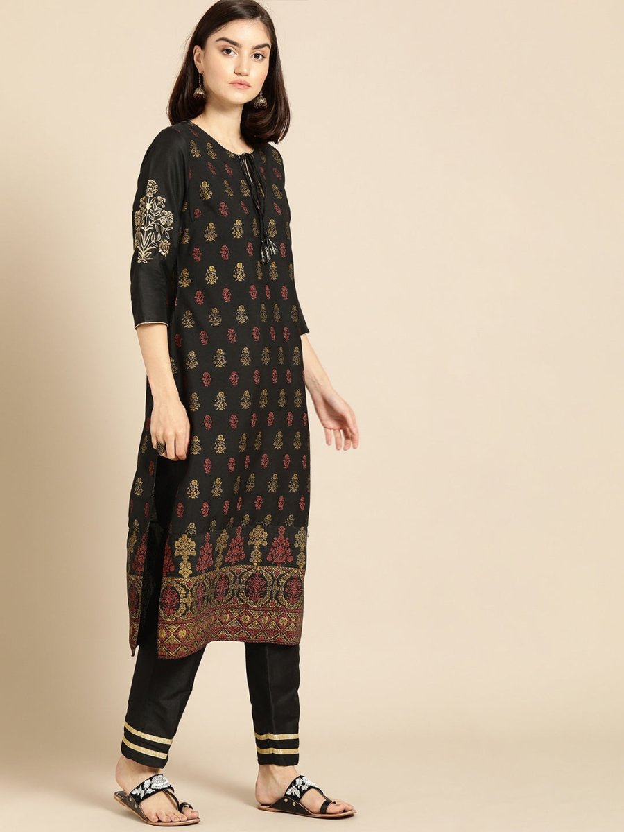 All About You Women Black & Yellow Floral Printed Regular Kurta with Trousers