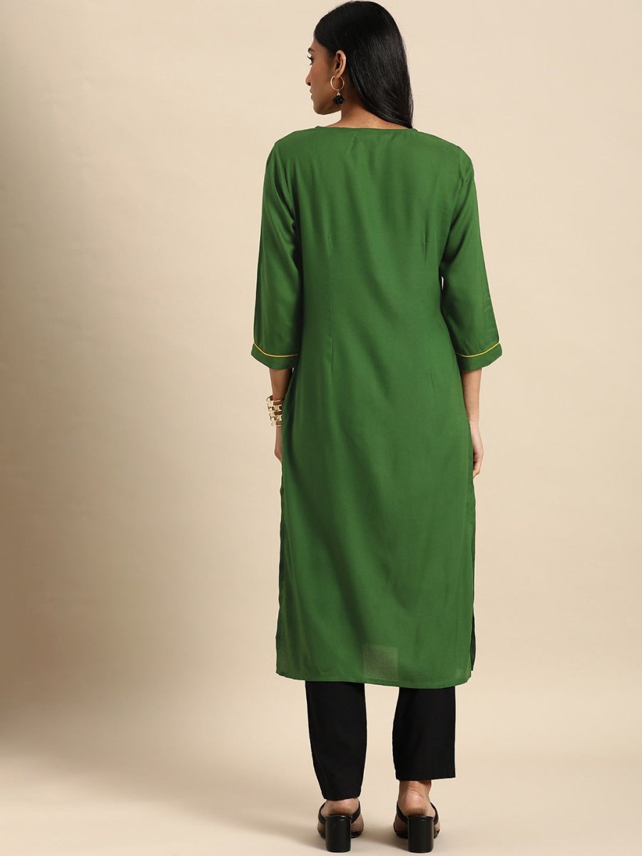 All About You Women Green Ethnic Motifs Yoke Design Keyhole Neck Straight Kurta