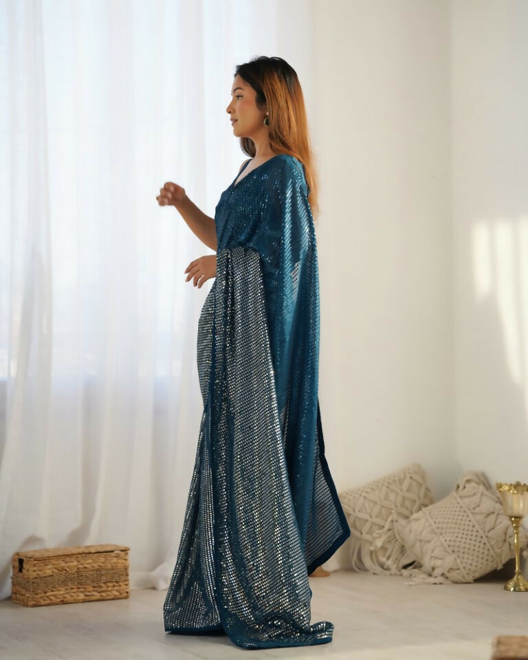 Petrol Georgette Designer Sequence Embroidery Work Saree - Sitare