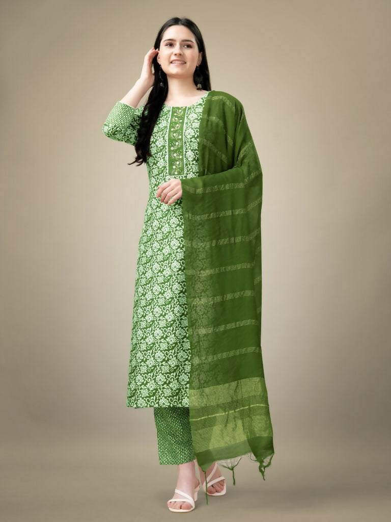 Jyoti Fashion Women's Green Rayon Embroidery & Sequence work Kurta with Trouser & Dupatta