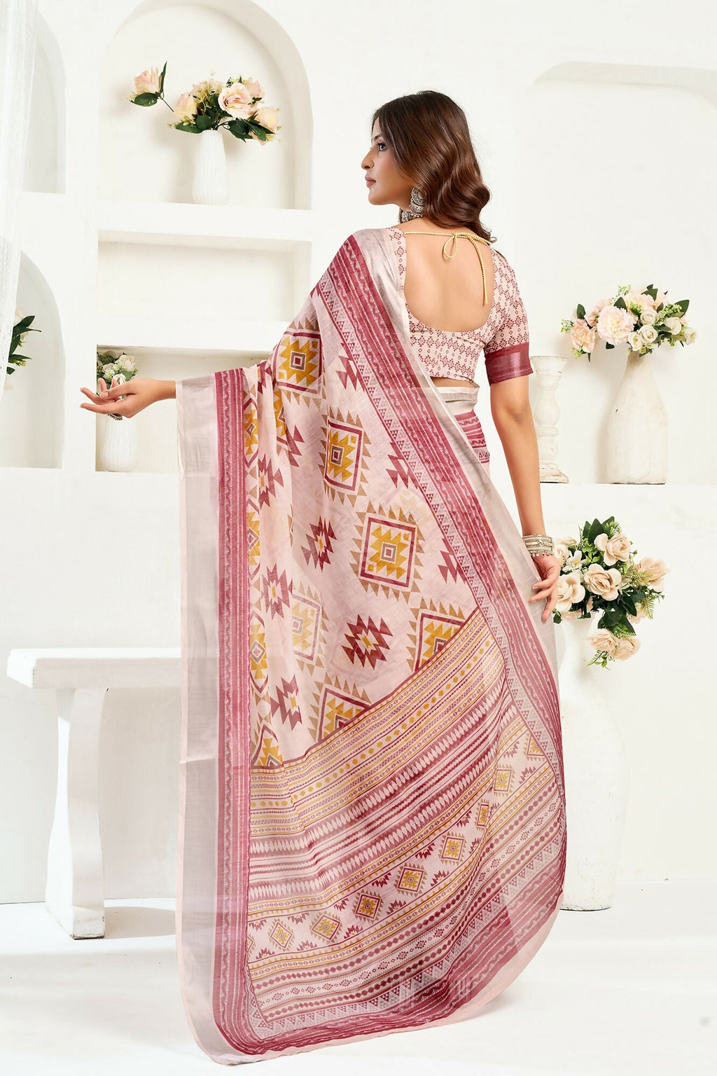 Vastranavya White Maroon Digital Printed Linen Ready To Wear Designer Saree with Unstitched Blouse