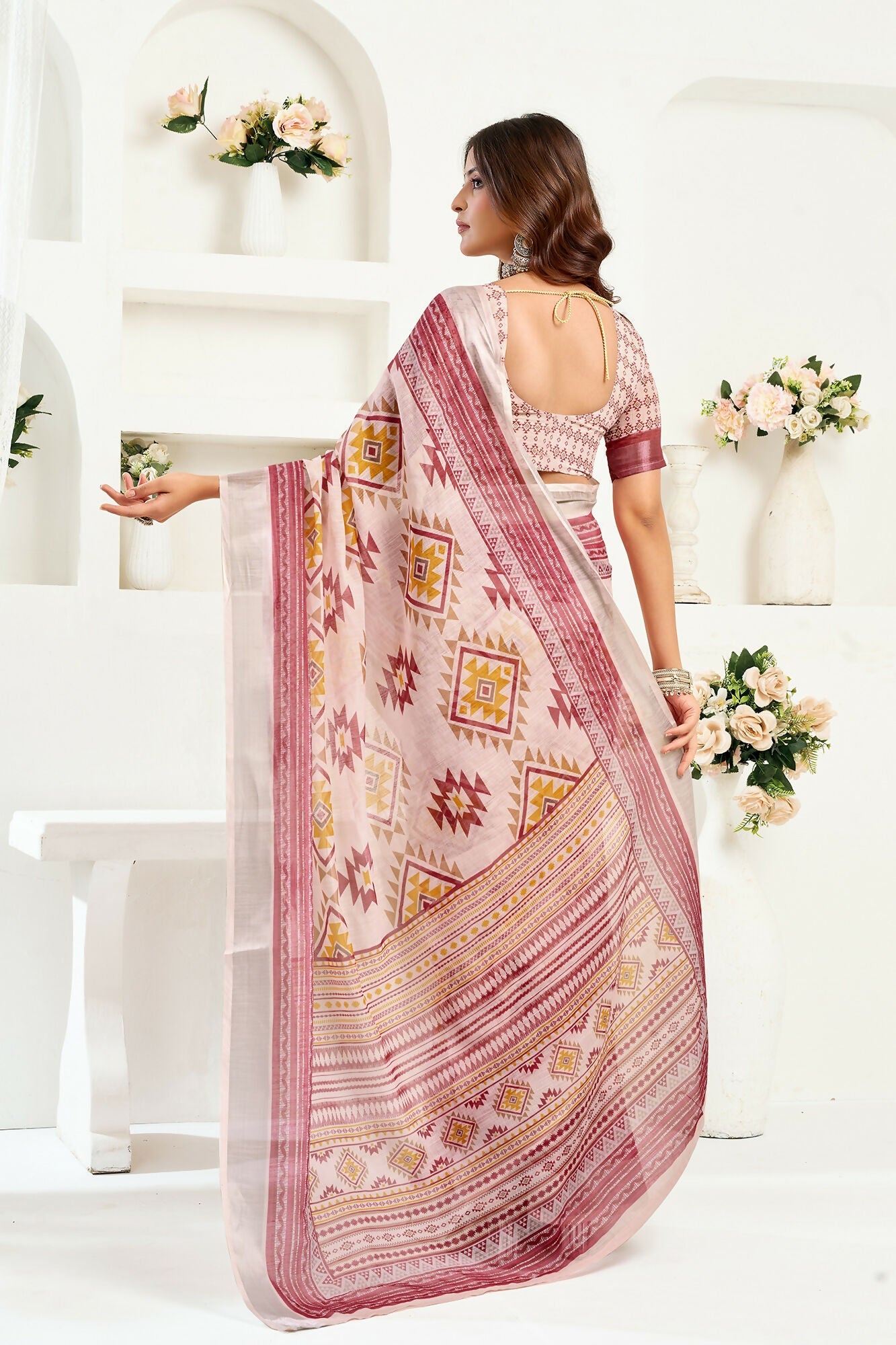 Vastranavya White Maroon Digital Printed Linen Ready To Wear Designer Saree with Unstitched Blouse