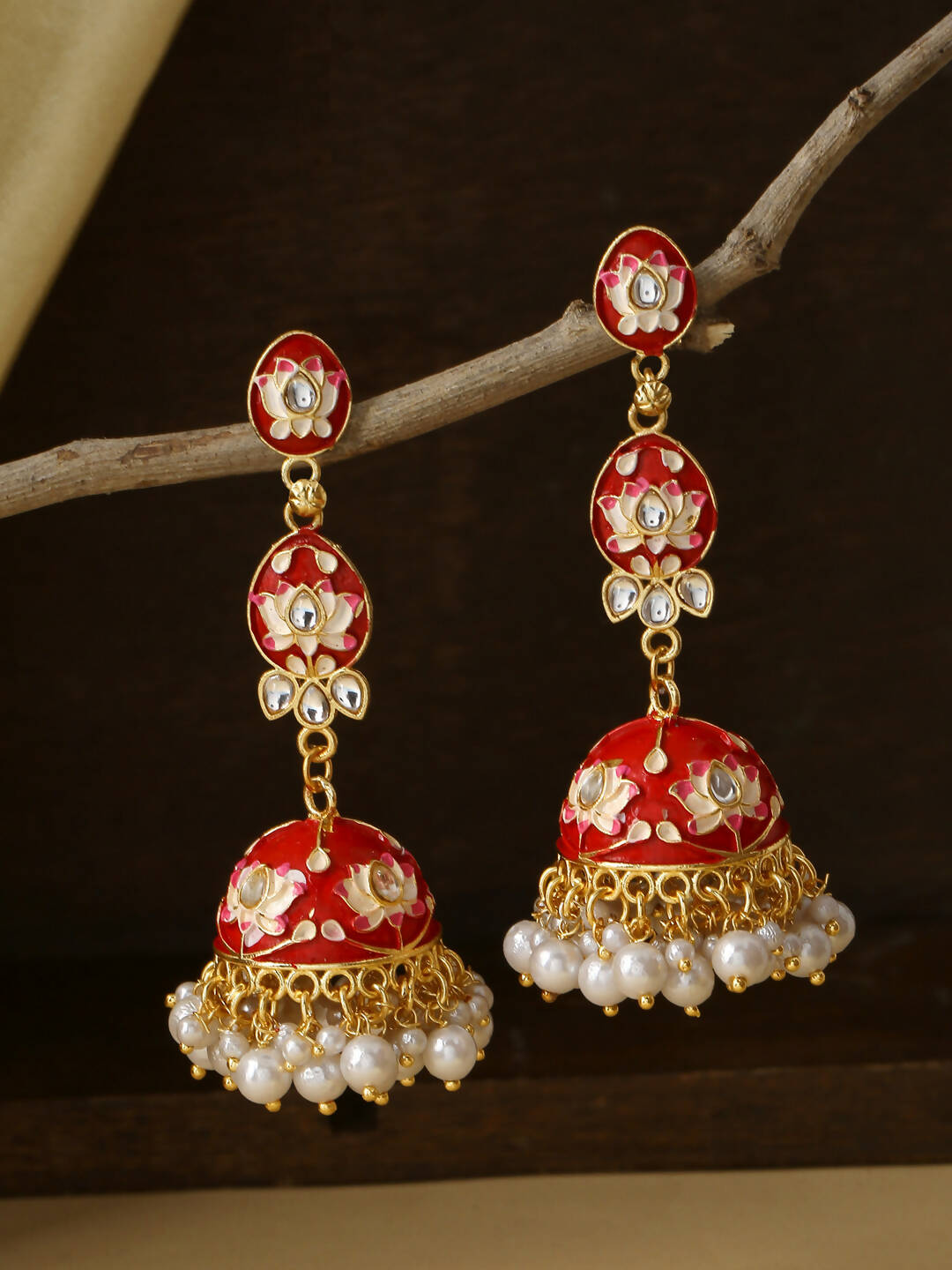 NVR Women Gold-Polished Red Kundan Jhumkas Earrings