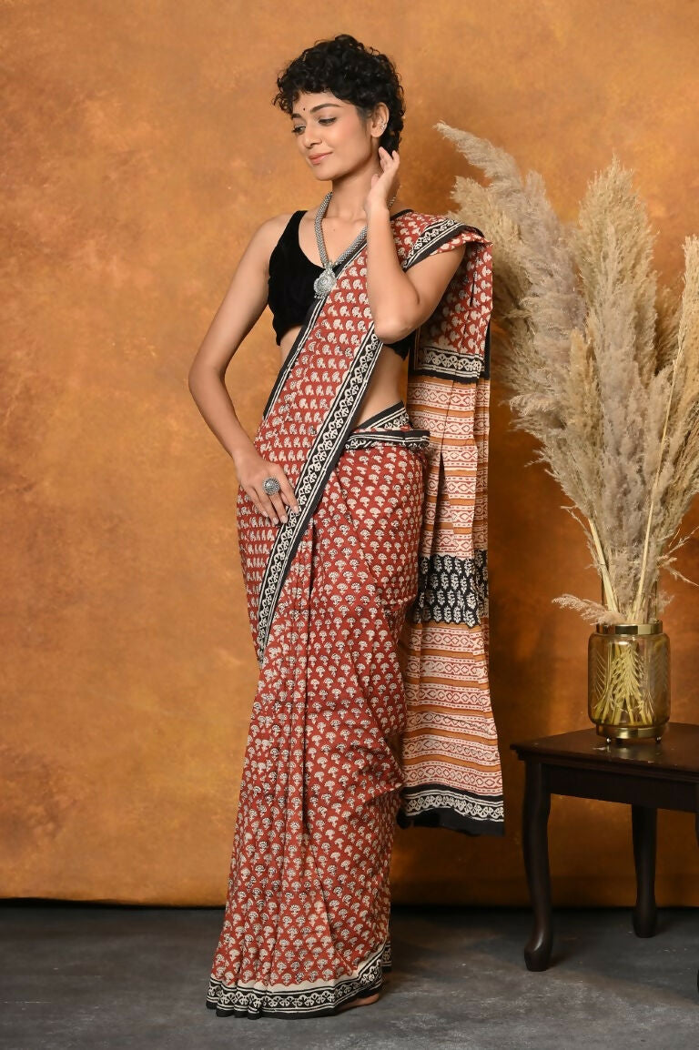 Very Much Indian Handblock Printed Cotton Saree With Natural Dyes - Orange