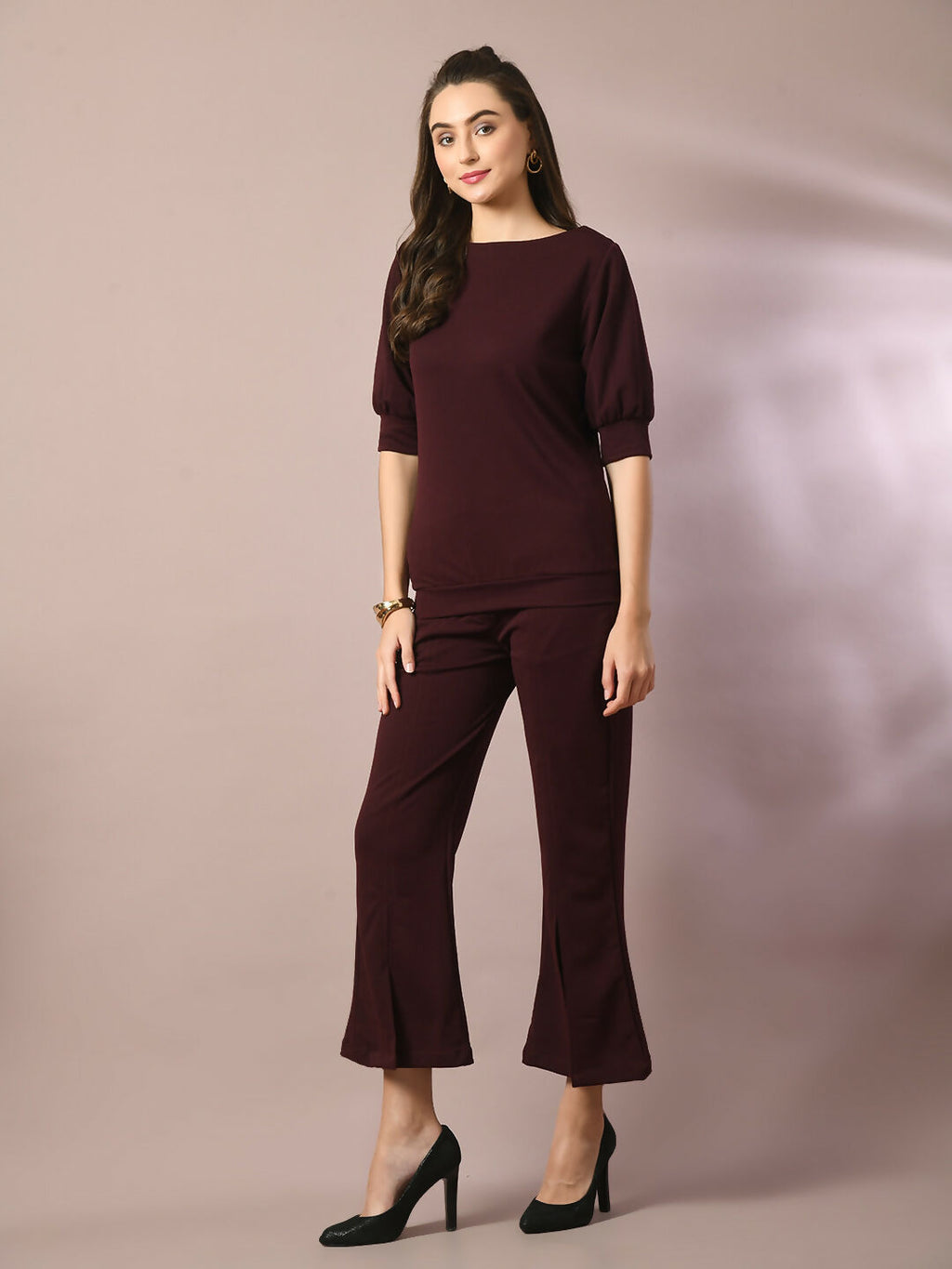 Myshka Women's Coffee Brown Solid Boat Neck Party Top