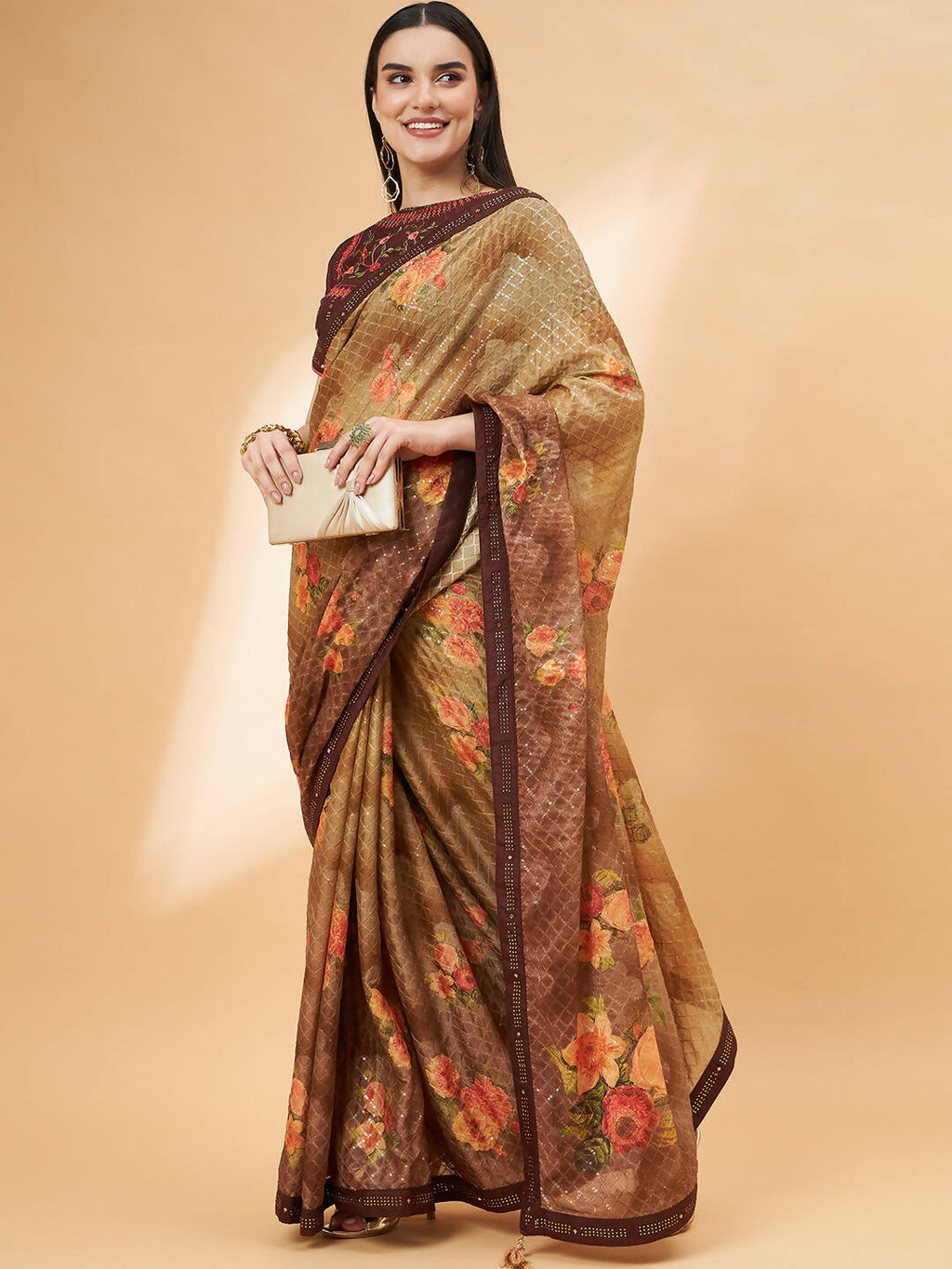 Beige Georgette Resham And Sequins Embroidery, Mukaish Studded Work Saree - Norita Hit Design