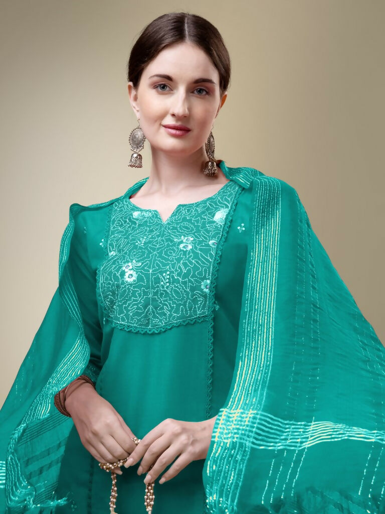Jyoti Fashion Women's Rama Cotton Blend Embroidery & Fancy Lace work Kurta with Trouser & Dupatta