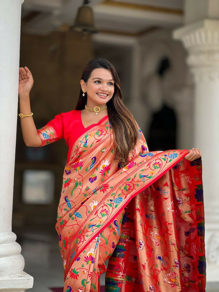 PR Fashion Red Oft Kanjivaram Paithani Silk With Zari Weaving Meenakari Design Saree