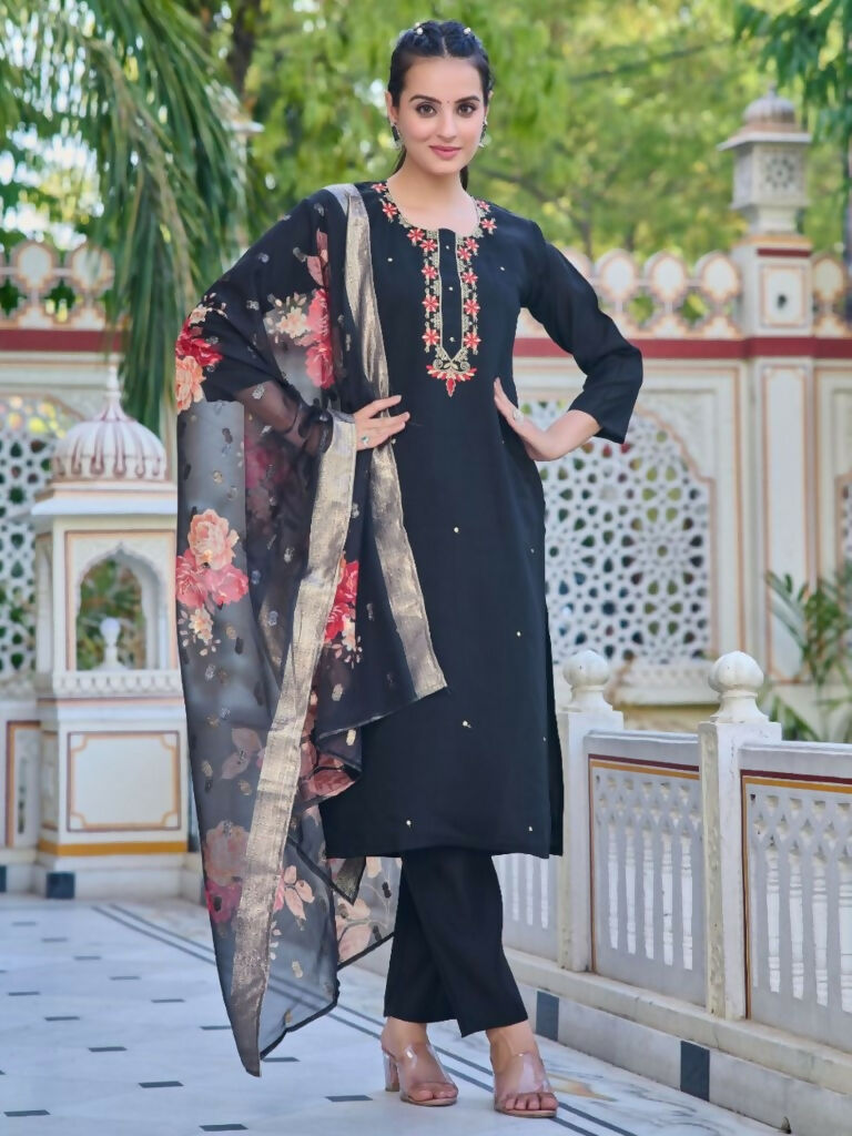 Partywear Designer Chanderi Black Stitched Suit With Dupatta - Tanisha