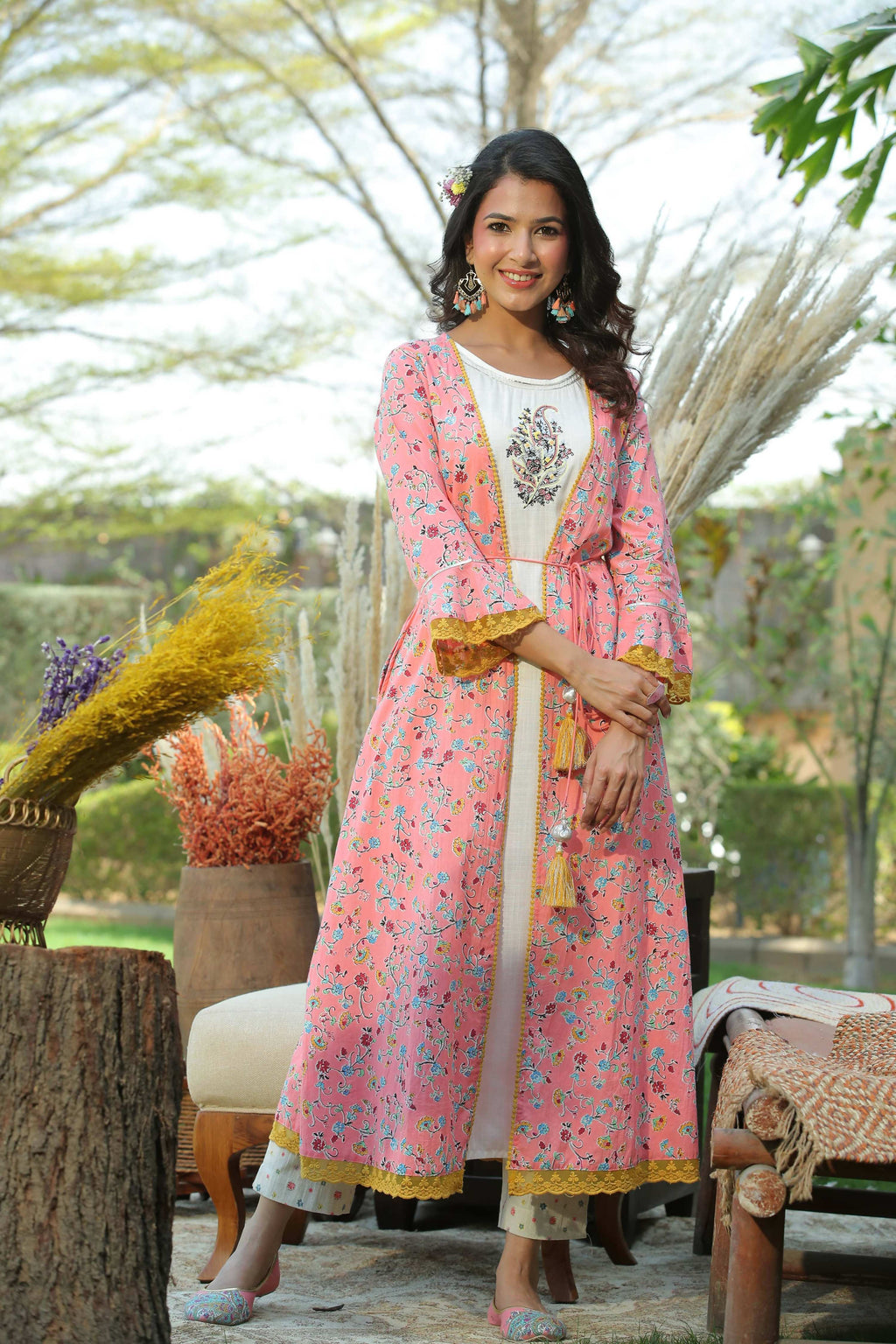 Juniper Coral Floral Printed Cotton Lacy Jacket Style Kurta With Thread Work & Dori At Waist