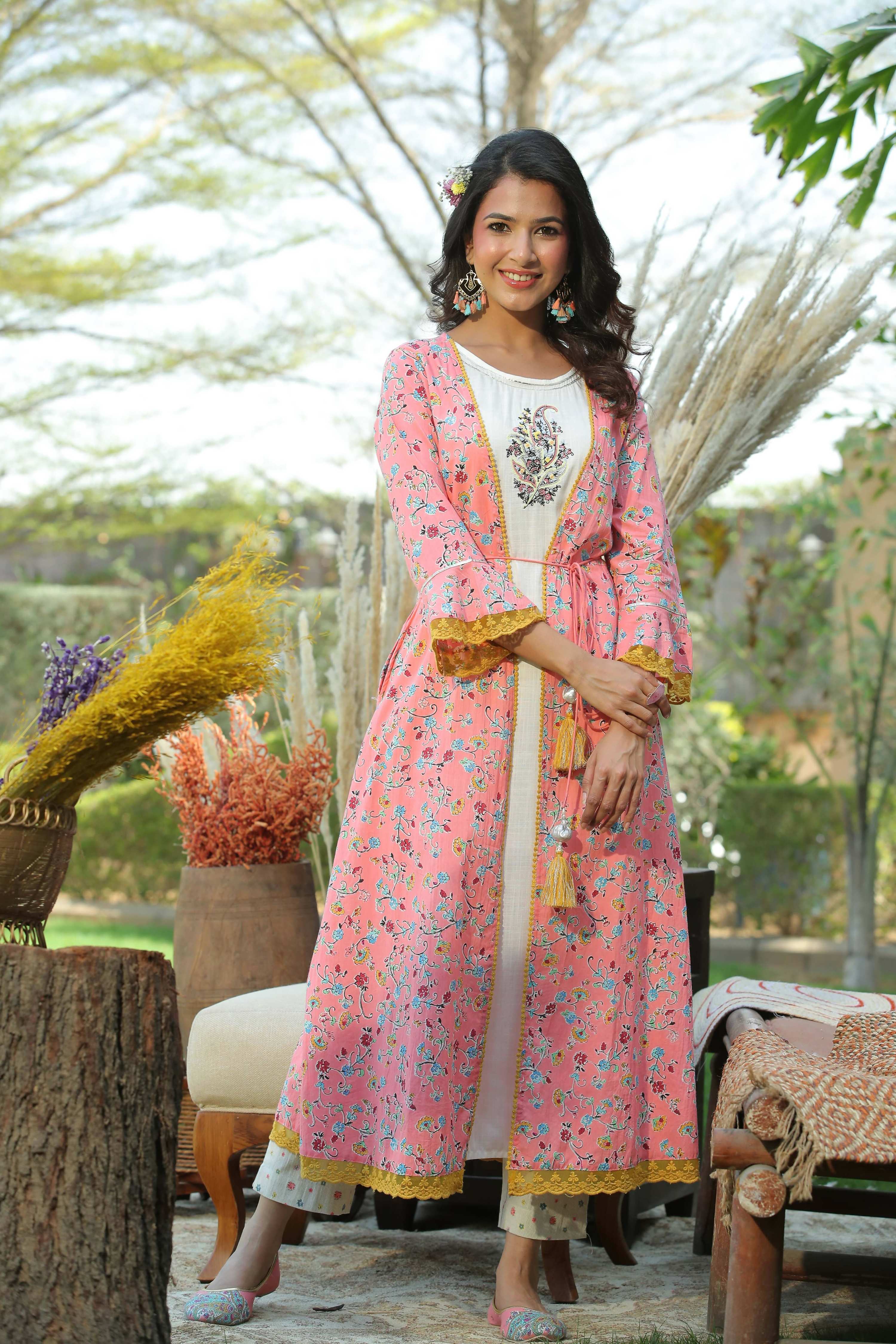 Juniper Coral Floral Printed Cotton Lacy Jacket Style Kurta With Thread Work & Dori At Waist
