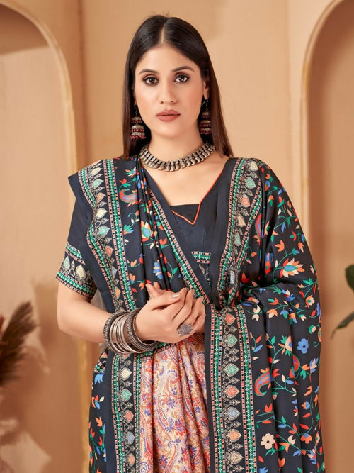 Aayaa Designer Winter Collection Printed Saree With Shawl - Multi Color
