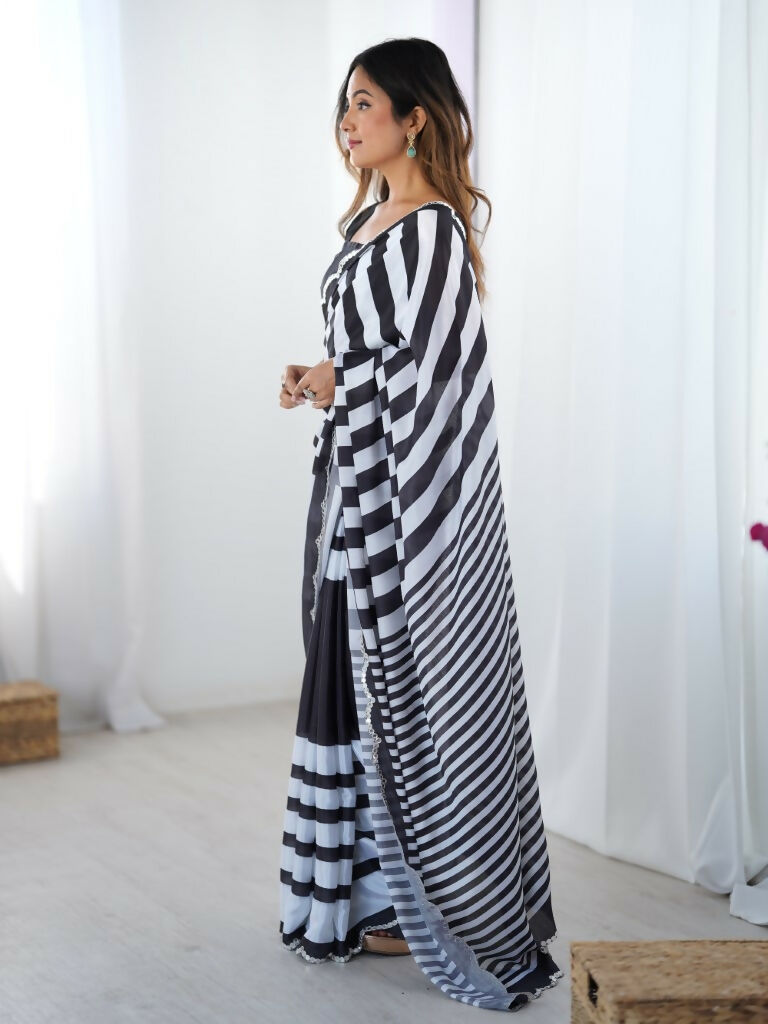 Black Chinon Designer Digital Printed,Mirror Cut Work Saree - Manvika