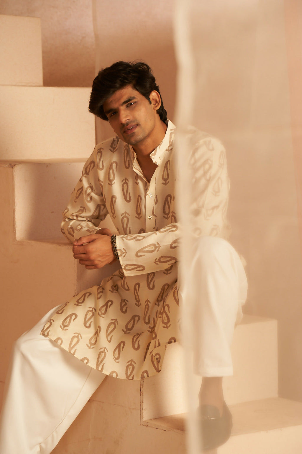 Off White Modal Silk Designer Printed Men's Kurta Set - Mahotsav