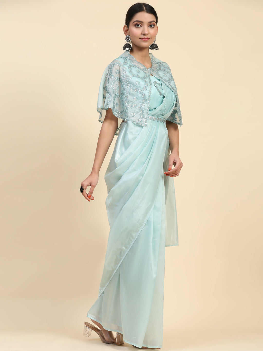 Blue Satin Solid Ready to wear Saree with stitched Blouse - Vanita