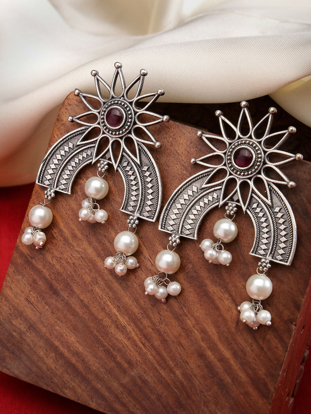 NVR Women's Floral Silver-Plated Artificial Stones and Beads Drop Earrings