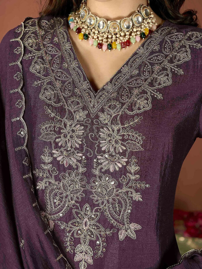 The52 Wine Women's Gorgeous Vichitra Fabric Embroidered Work Straight Kurta Pant and Dupatta Set