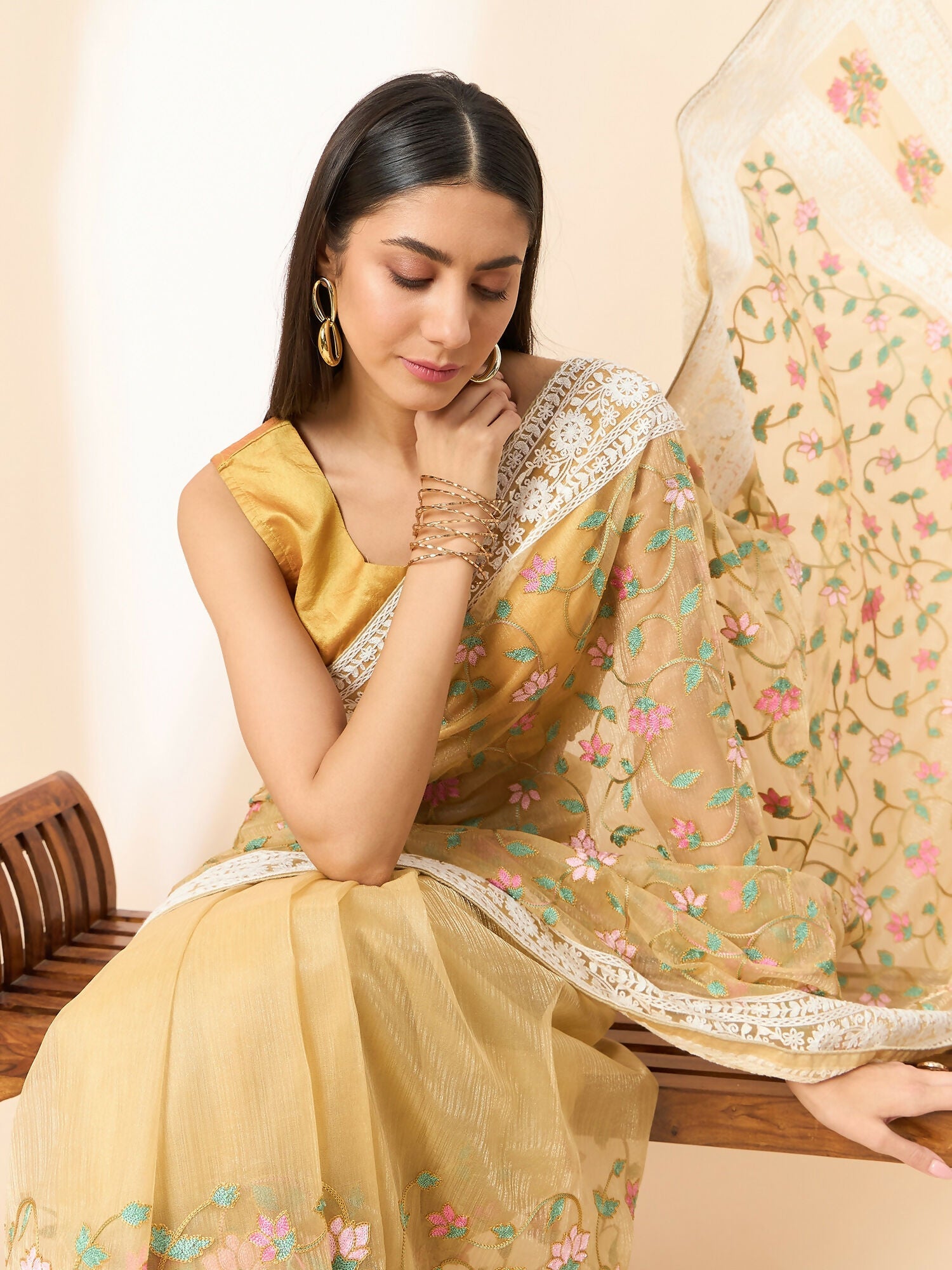 Beige Organza Floral Embroidered Saree with Unstitched Blouse Piece - Roozal