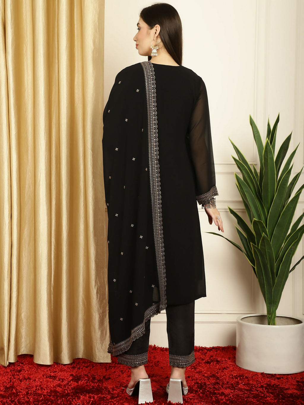 Jyoti Fashion Women's Black Georgette Resham Thread & Sequin Kurta with Trouser & Dupatta