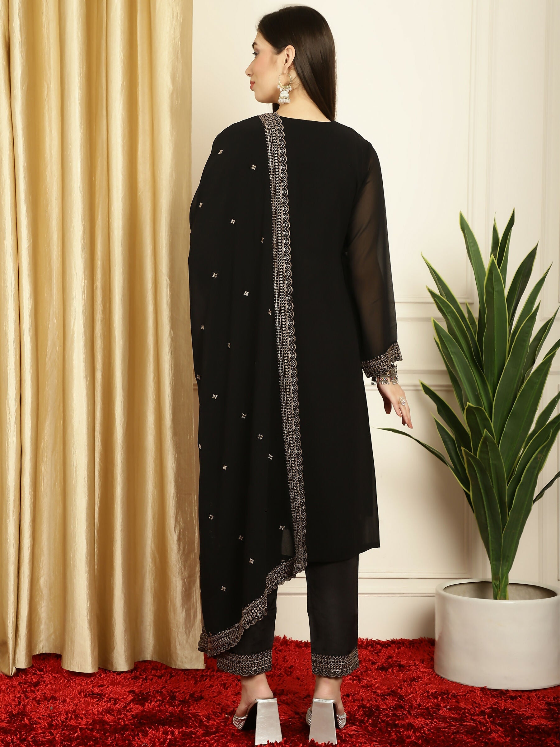Jyoti Fashion Women's Black Georgette Resham Thread & Sequin Kurta with Trouser & Dupatta