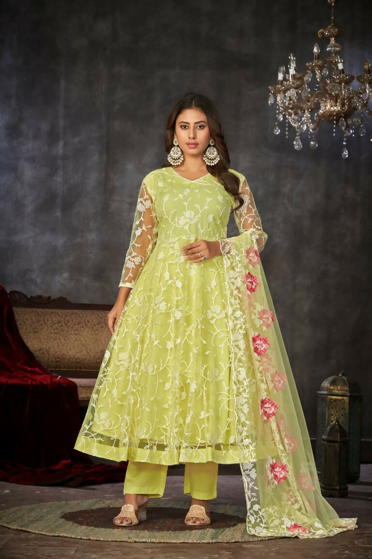 Jyoti Fashion Women's Pista Net Embroidered Anarkali Kurta Pant Set With Dupatta