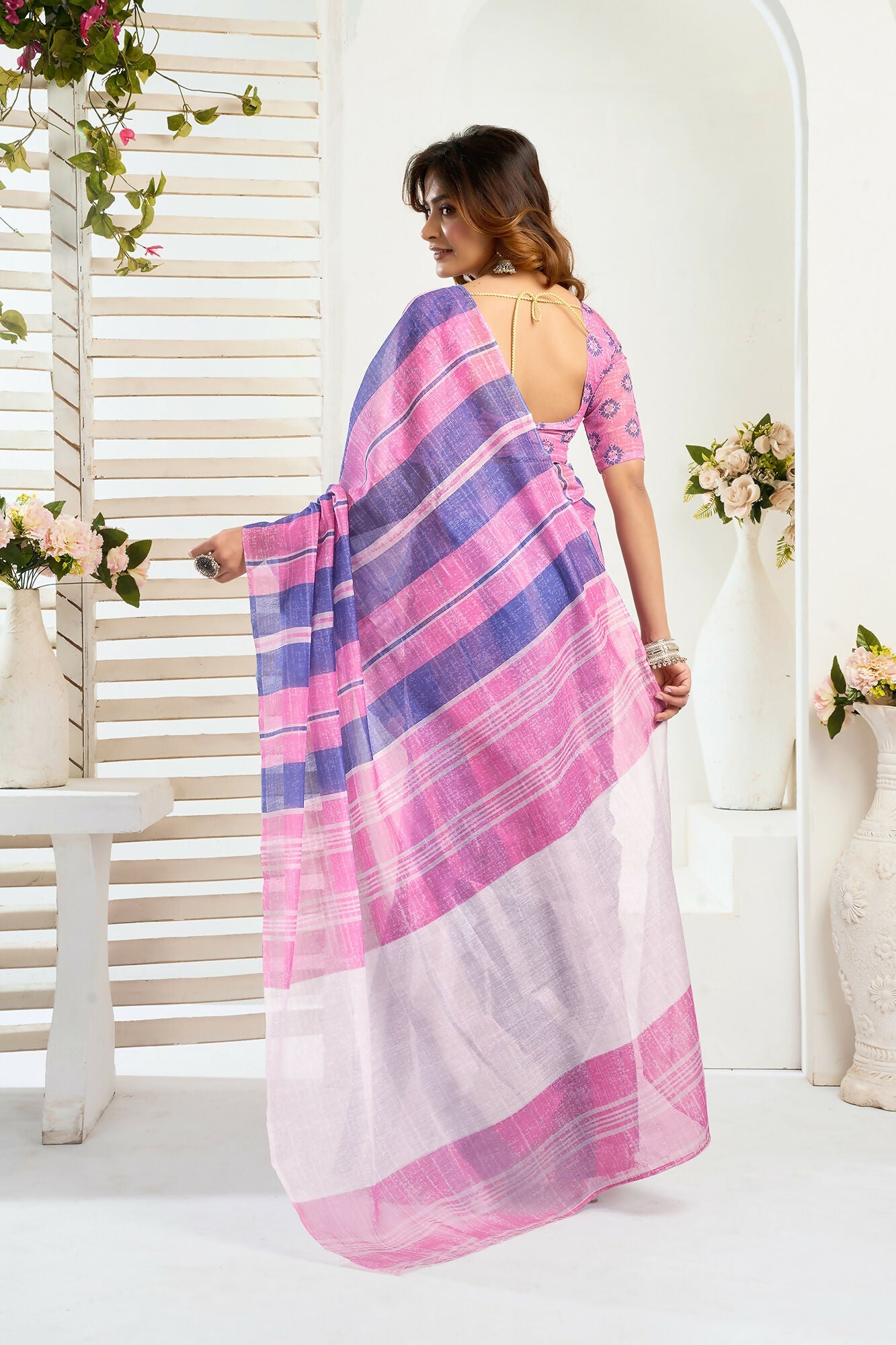 Vastranavya Pink Blue Digital Printed Linen Ready To Wear Designer Saree with Unstitched Blouse