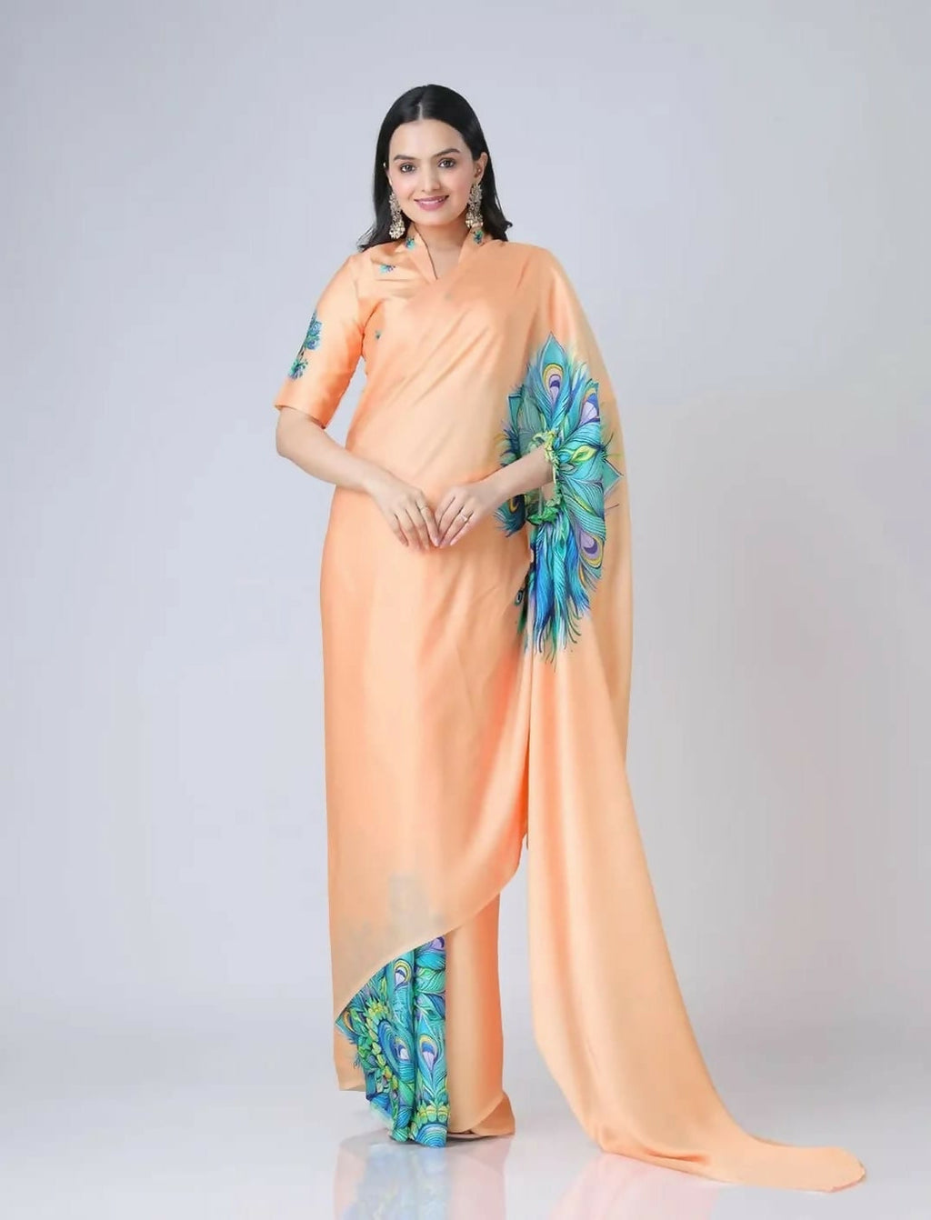 Vastranavya Peach Peacock Print Free Hand Ready to Wear Saree