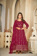 Jyoti Fashion Women's Rani Pink Georgette Embroidered Anarkali Kurta Pant Set With Dupatta