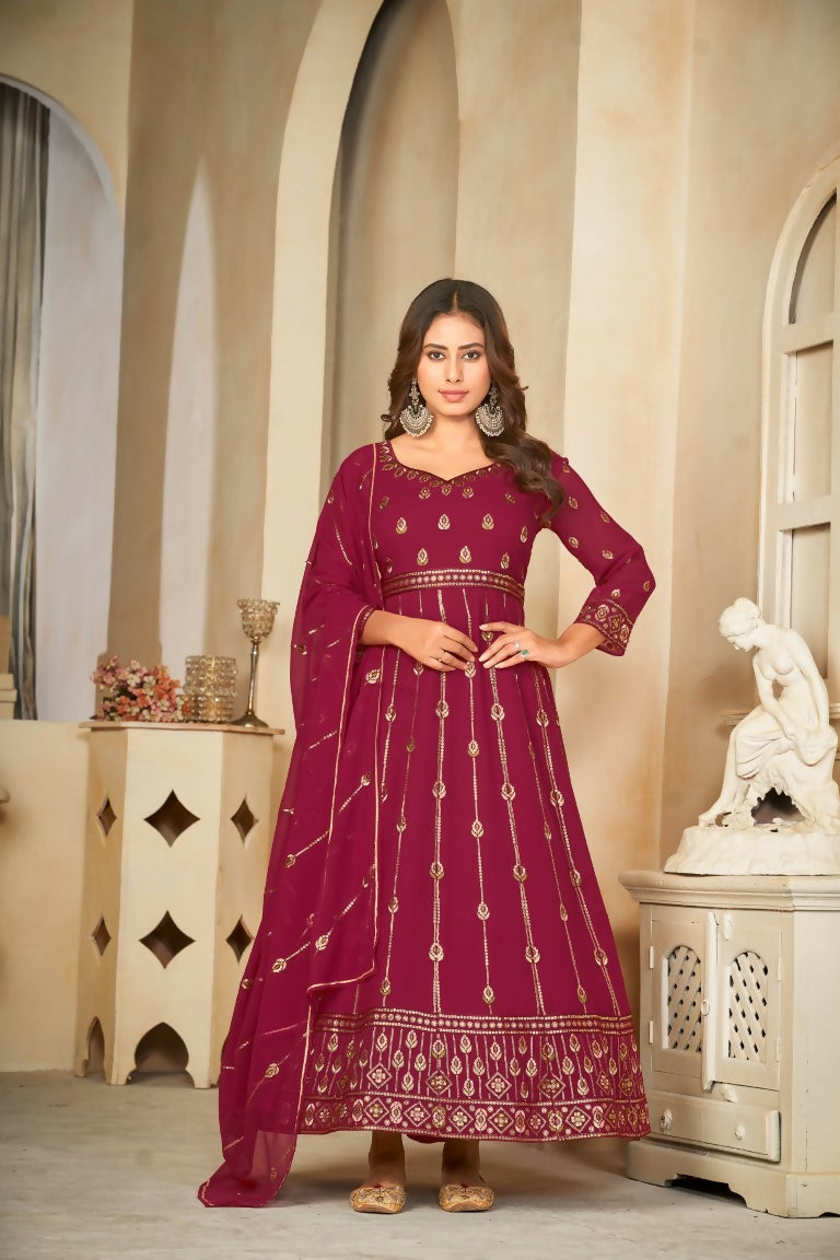 Jyoti Fashion Women's Rani Pink Georgette Embroidered Anarkali Kurta Pant Set With Dupatta