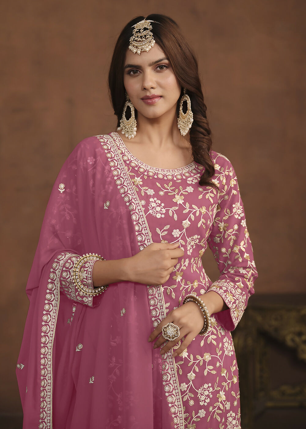 Faux Georgette Pink Embroidered Festive Salwar Suit - Emponline
