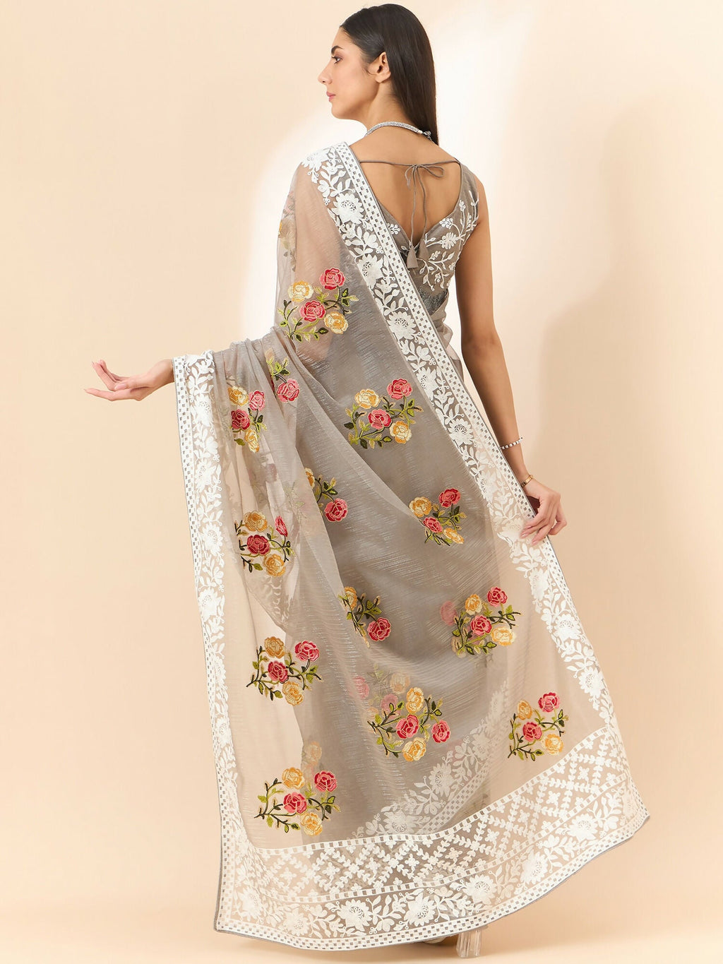 Grey Organza Floral Embroidered Saree with Unstitched Blouse Piece - Roozal
