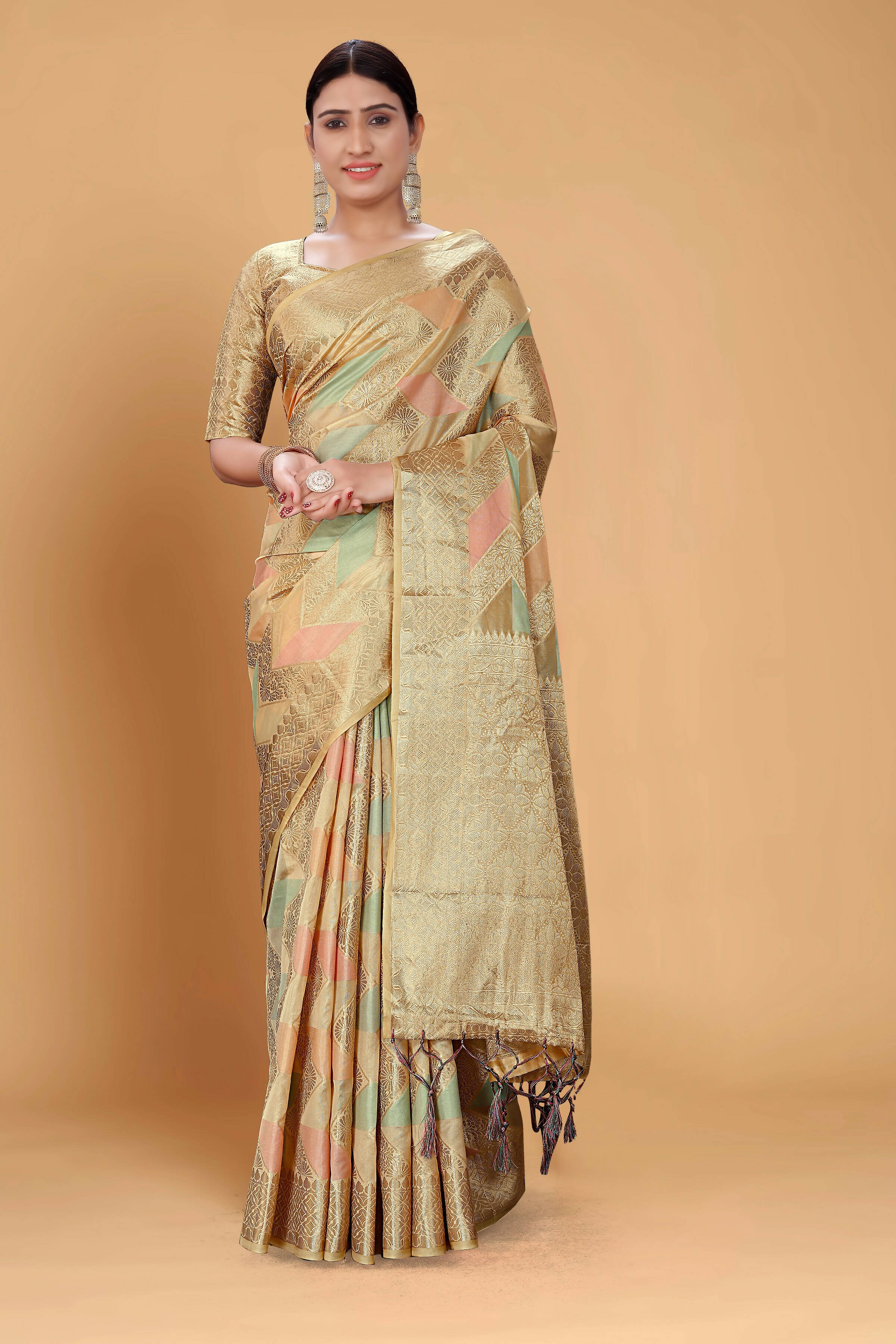 Beige Soft Organza Woven Design Saree With Unstitched Blouse Piece - Zaara