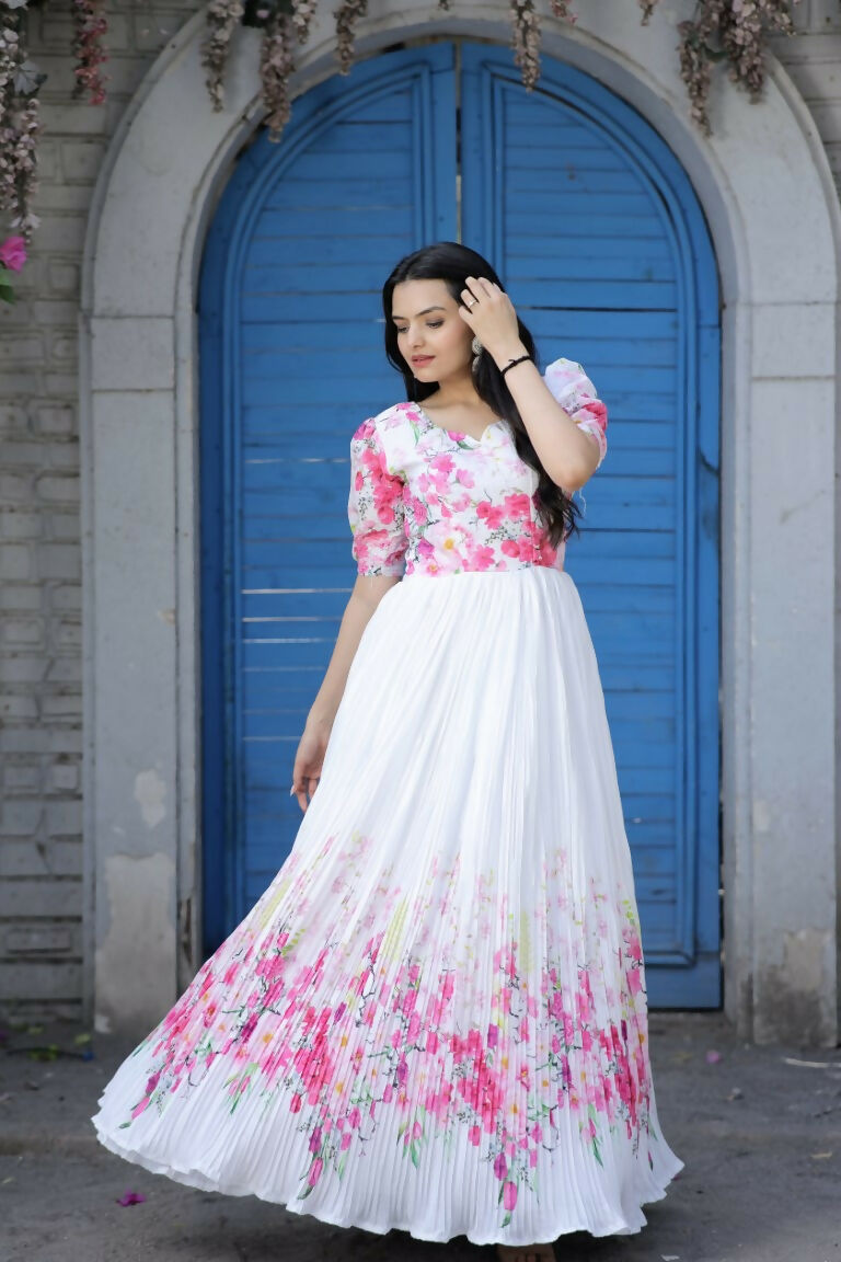 Jyoti Fashion Women's White Floral Digital Printed Chinon Anarkali Dress