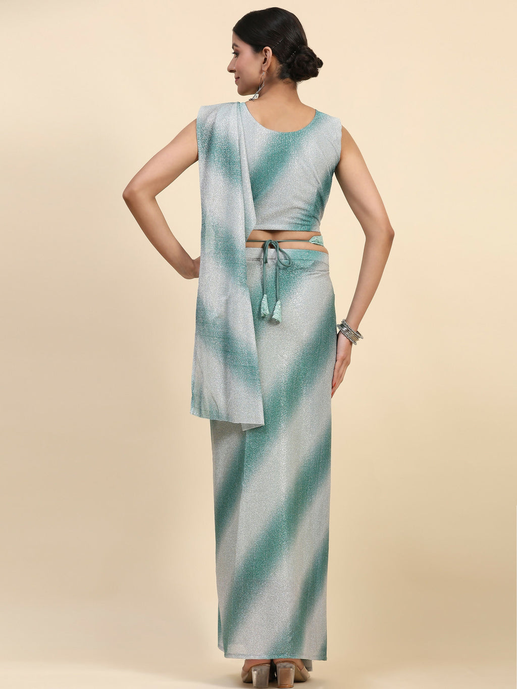 Sea Green Polyester Solid Ready to Wear Saree with stitched Blouse - Aayan