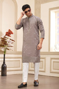 Raivat Ethnic Men's Art Silk Thread Work Kurta Pyjama In Brown Colour