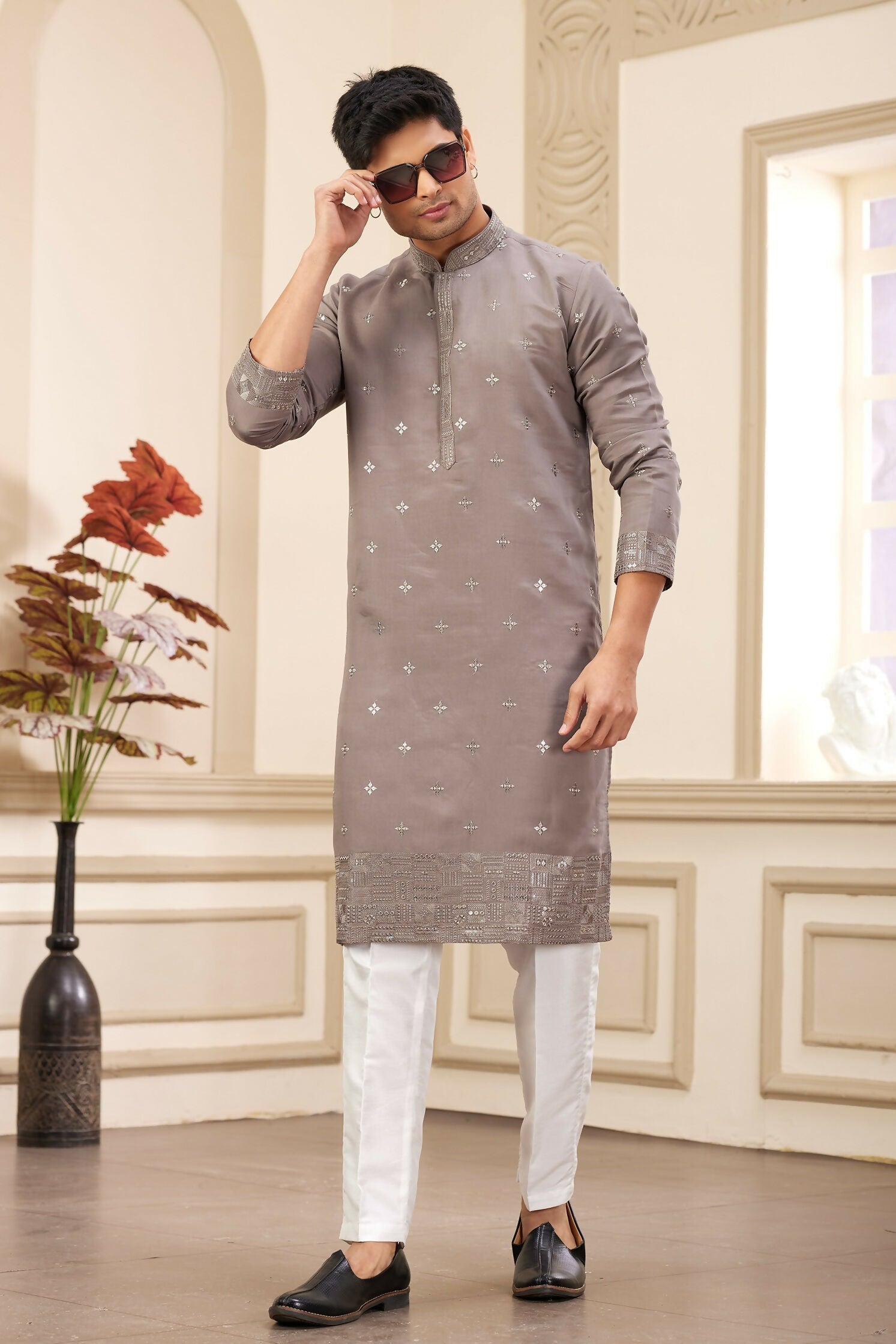 Raivat Ethnic Men's Art Silk Thread Work Kurta Pyjama In Brown Colour