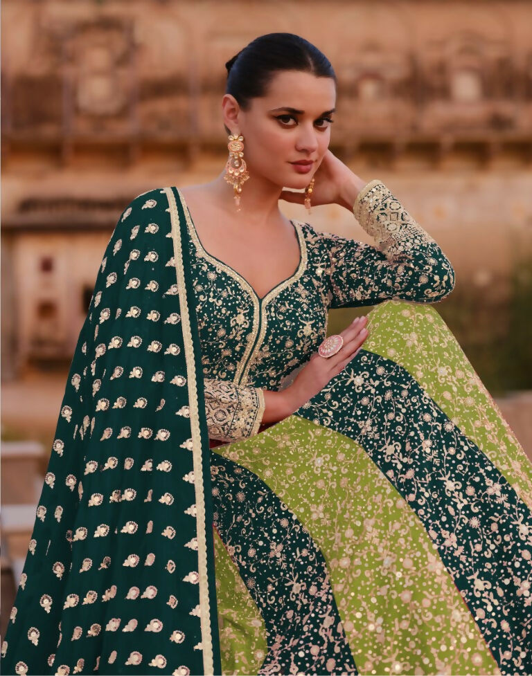 Vastranavya Teal Green Embroidered Sequence work Georgette Anarkali Suit