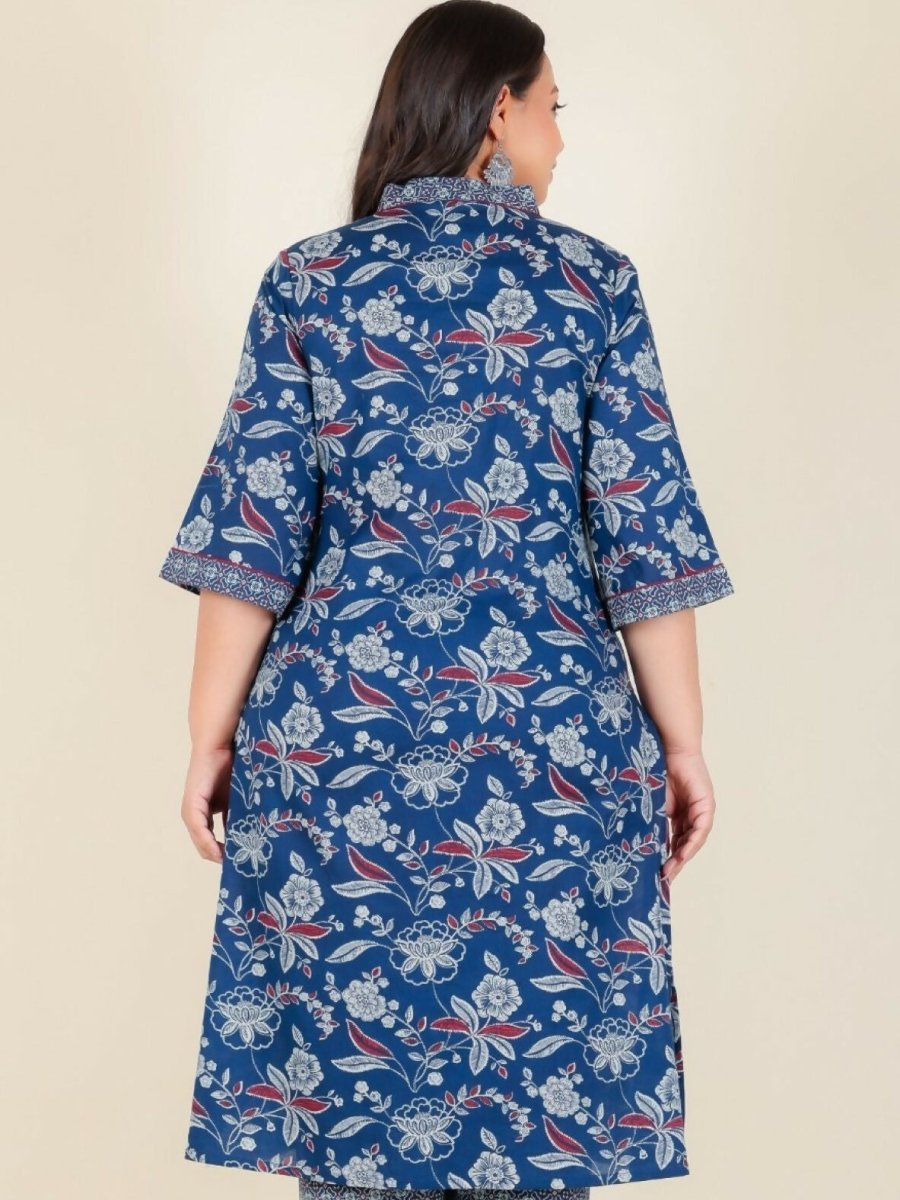 Aramya Blue Soft Cotton Floral Straight Kurta for Women