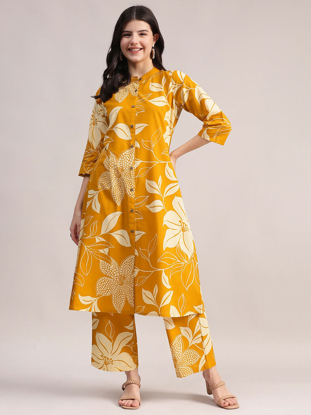 Aavyora Women's Mustard Yellow & White Floral Printed Cotton Co-Ord Set