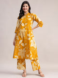 Aavyora Women's Mustard Yellow & White Floral Printed Cotton Co-Ord Set