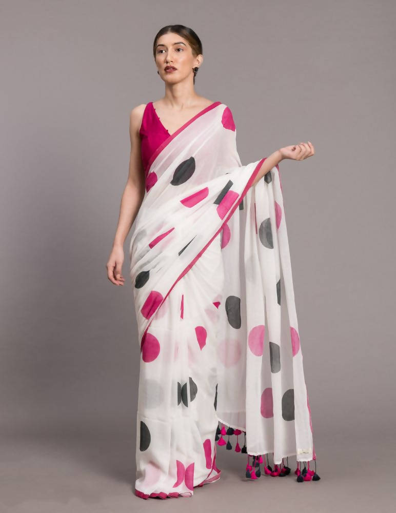 Suta White Pink Polka Dot Printed Pure Cotton Saree