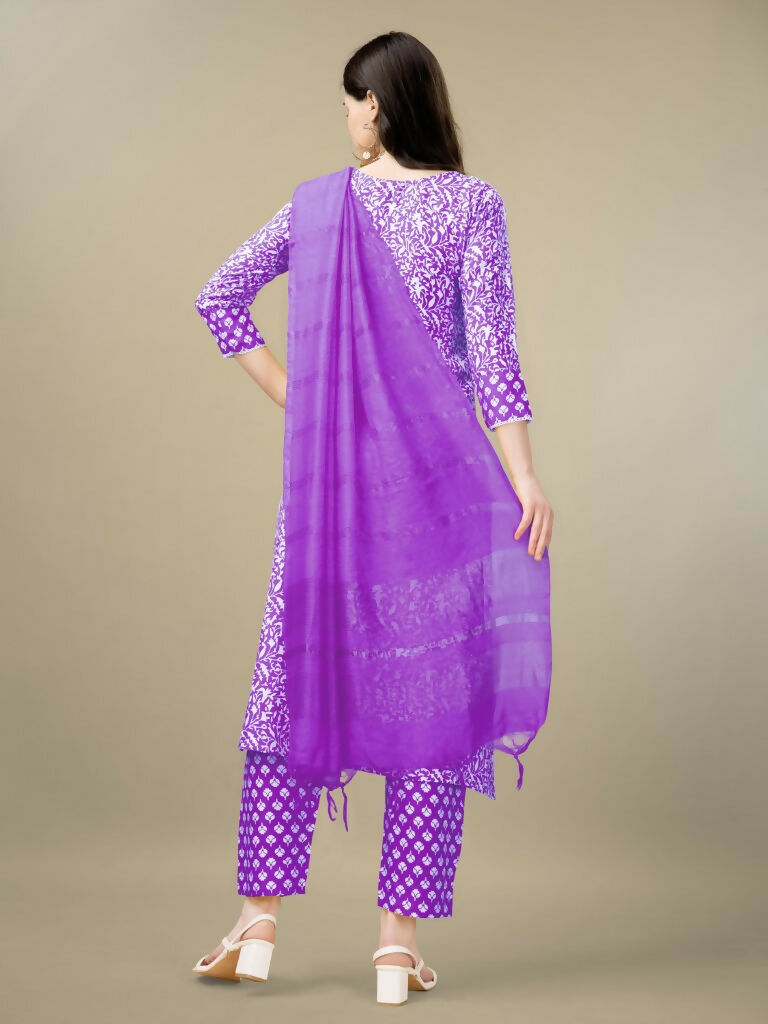 Jyoti Fashion Women's Purple Rayon Embroidery & Sequence work Kurta with Trouser & Dupatta