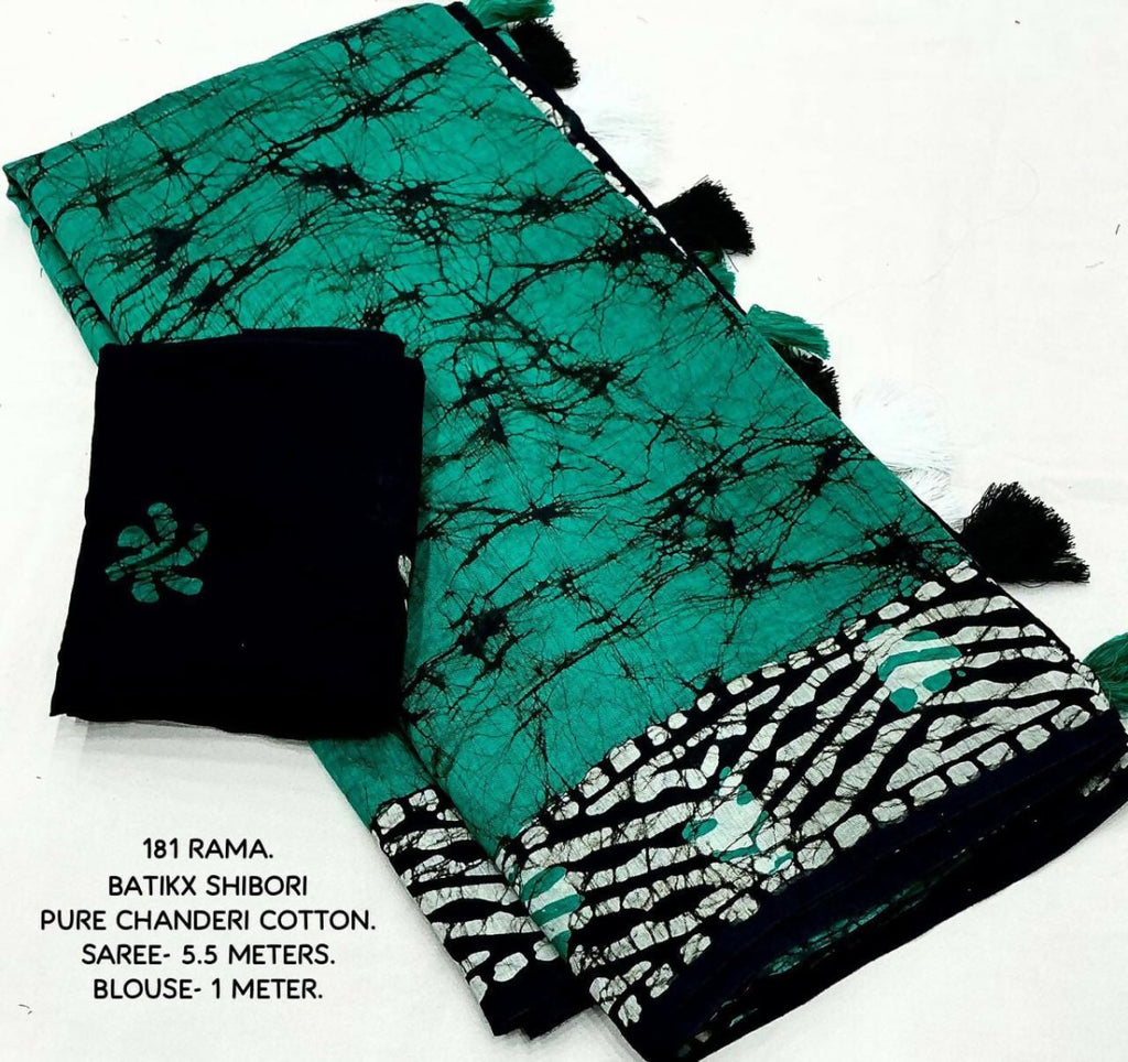 Arfa Fashion House Rama Pure Chanderi Cotton Batik Printed Saree