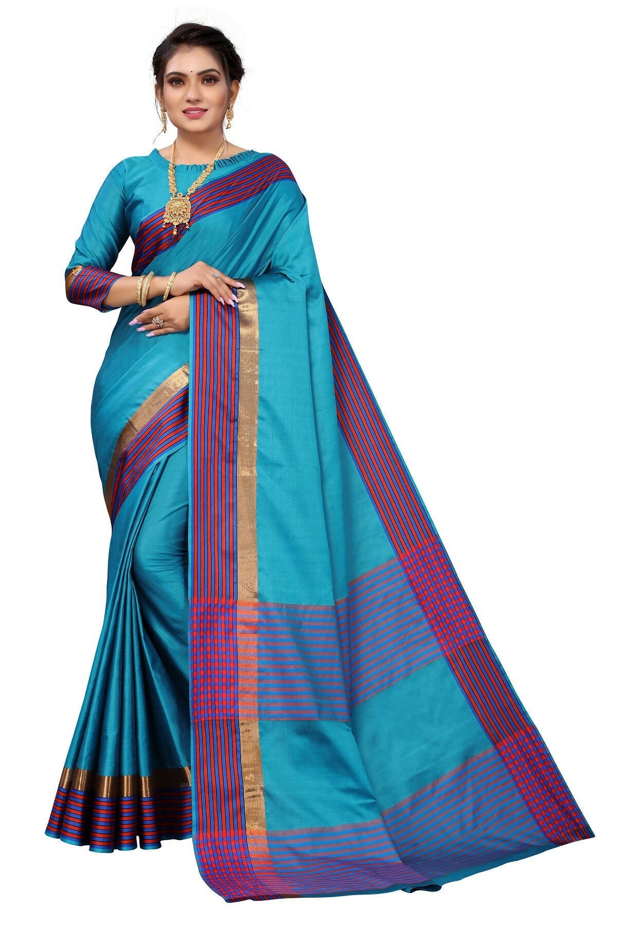 Vamika Ethnic Fire Rama Green Cotton Silk Saree