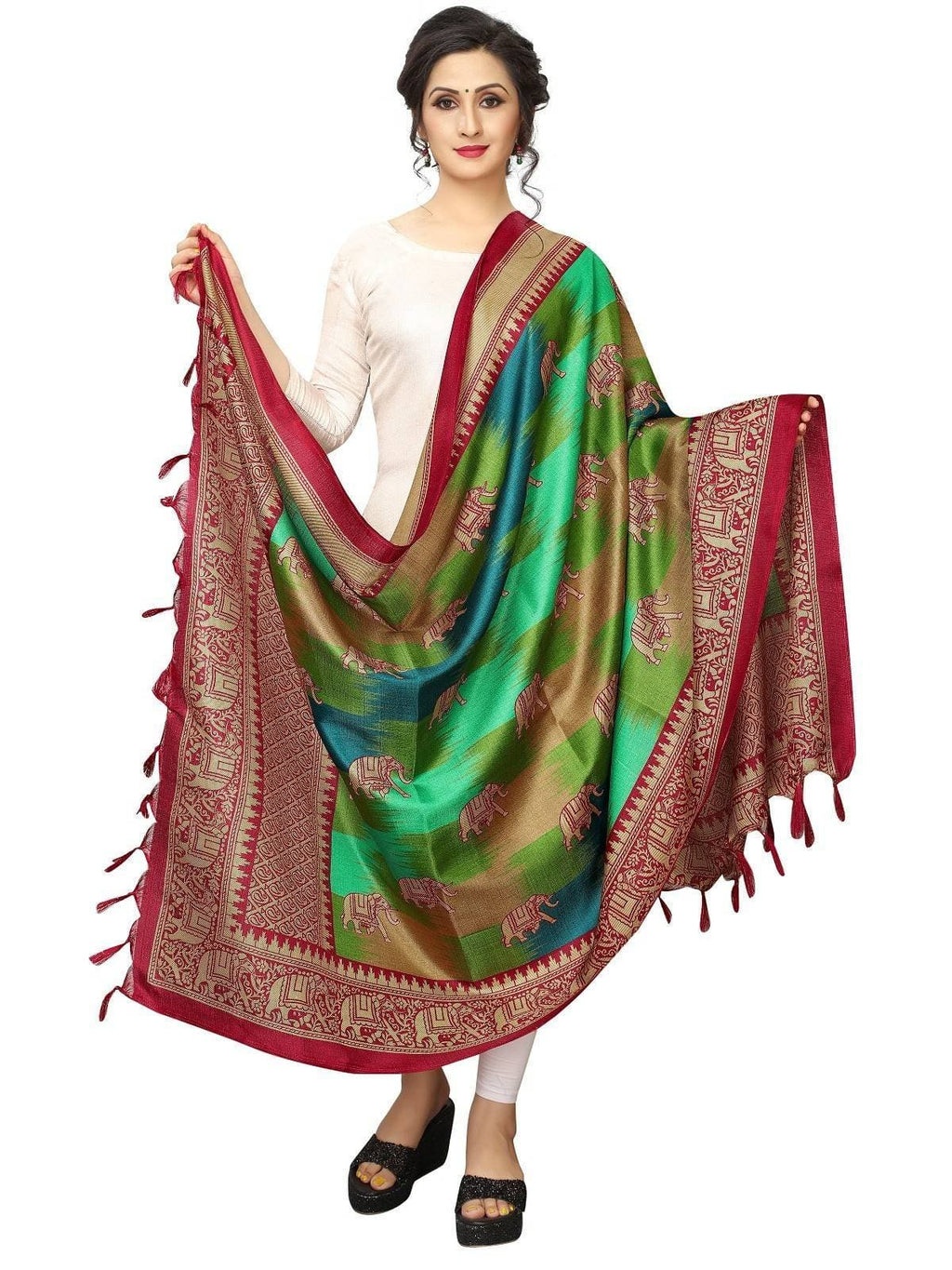 Vamika Red and Peacock Green Printed Khadi Bhagalpuri Dupatta