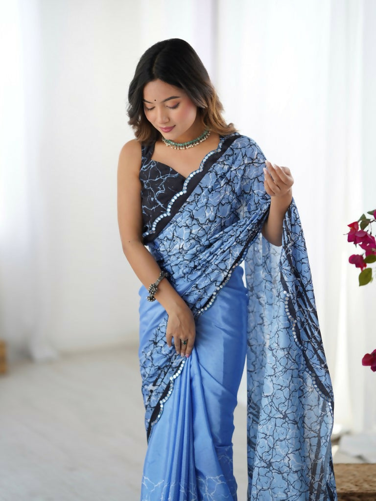 Blue Chinon Designer Digital Printed,Mirror Cut Work Saree - Sohni