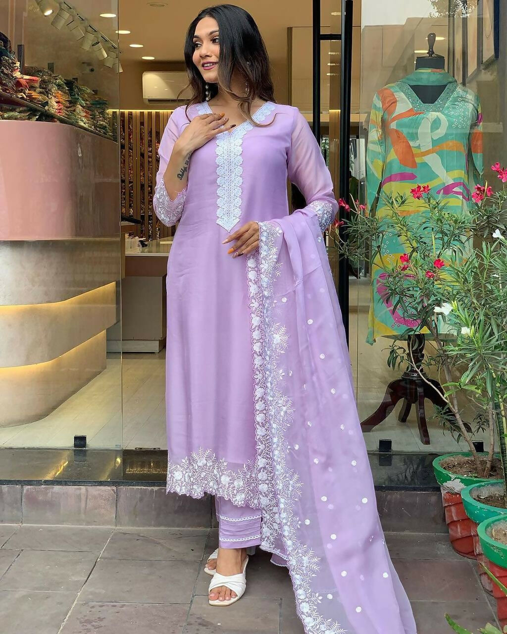 The52 Lavender Women's Gorgeous Embroidered Georgette Fabric Straight Kurta Pant with Dupatta Set