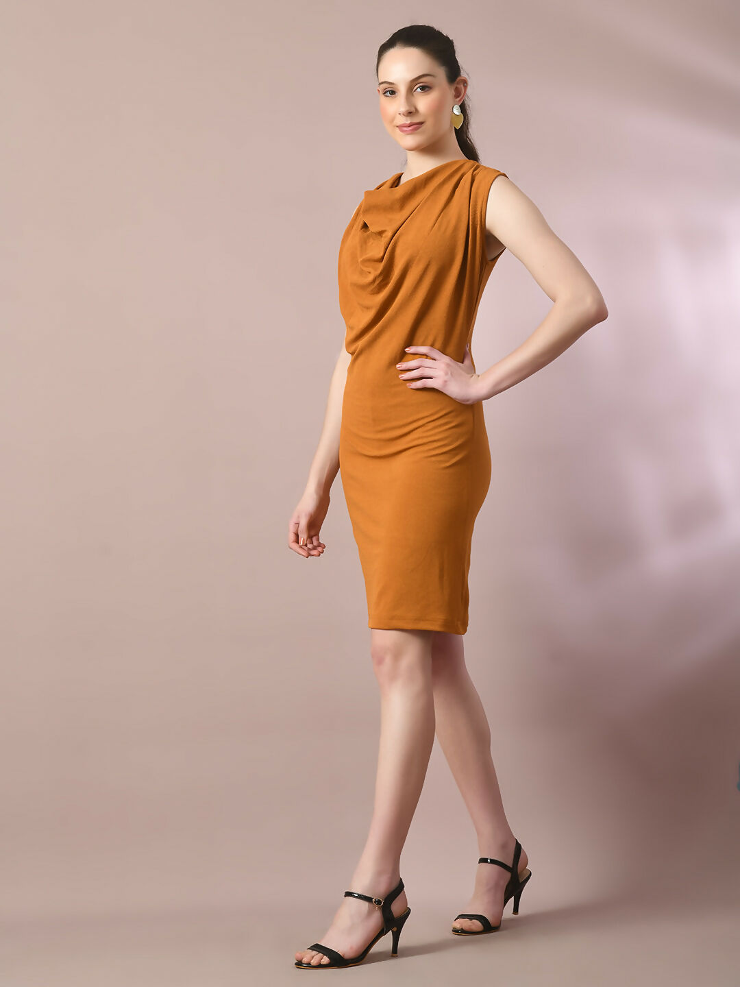 Myshka Women's Mustard Solid Cowl Neck Bodycon Party Dress