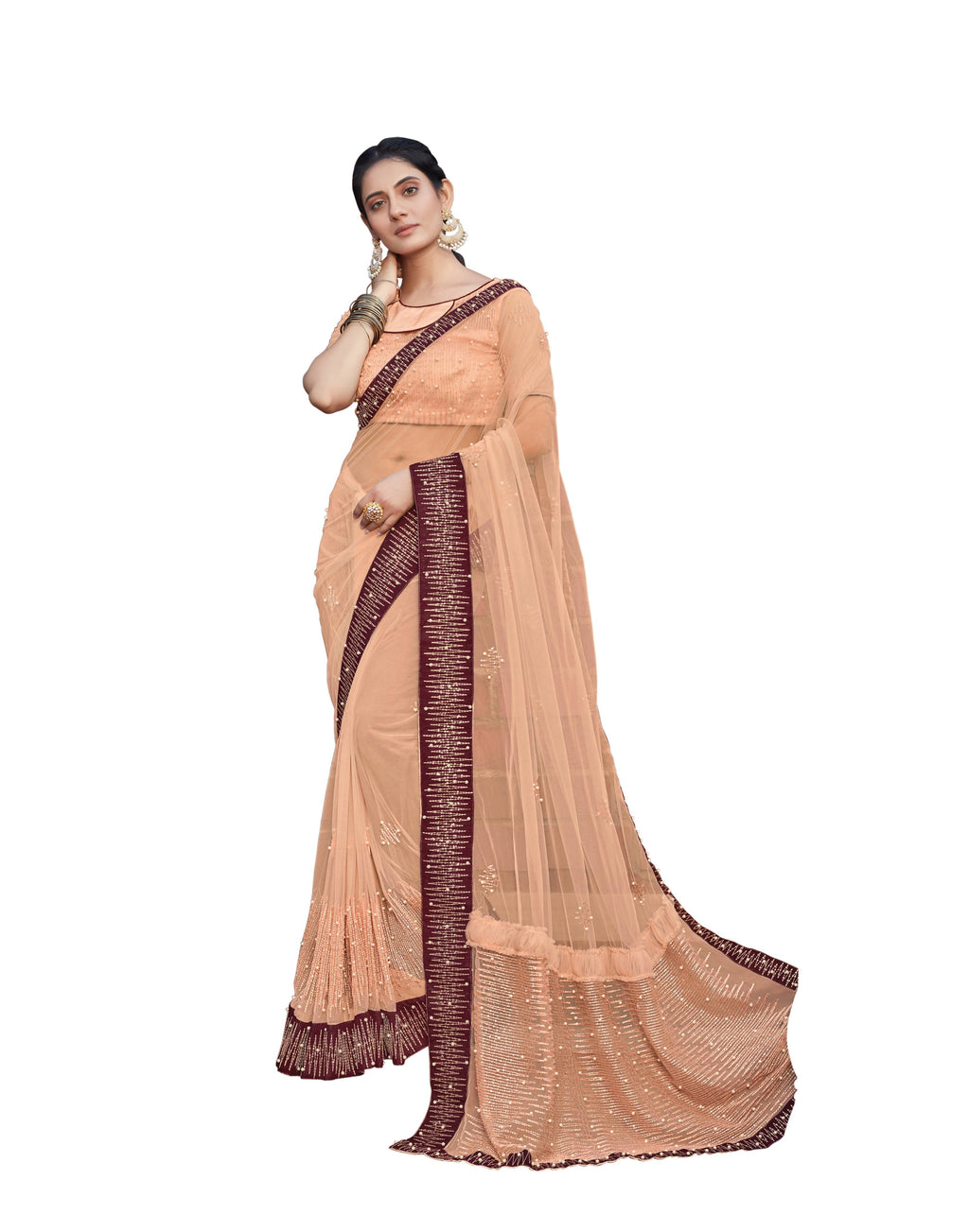 Peach Colored Net Embroidered Saree With Blouse - Norita Royal Adveka